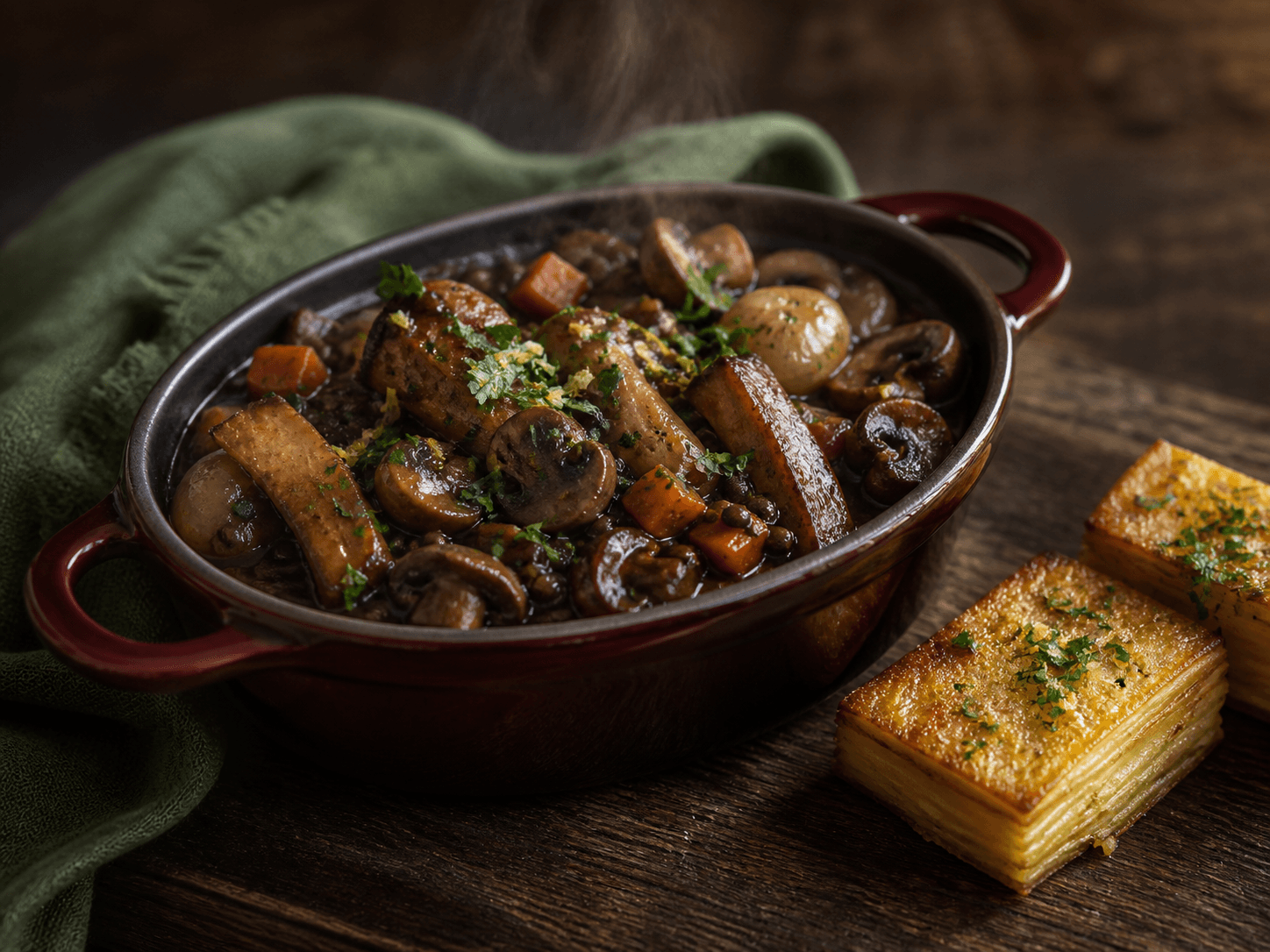 Mørk svampe-linsebourguignon med kejserhatte, champignon, perleløg og gulerod i bordeaux cocotte med to sprøde lagdelte kartoffelpavéer