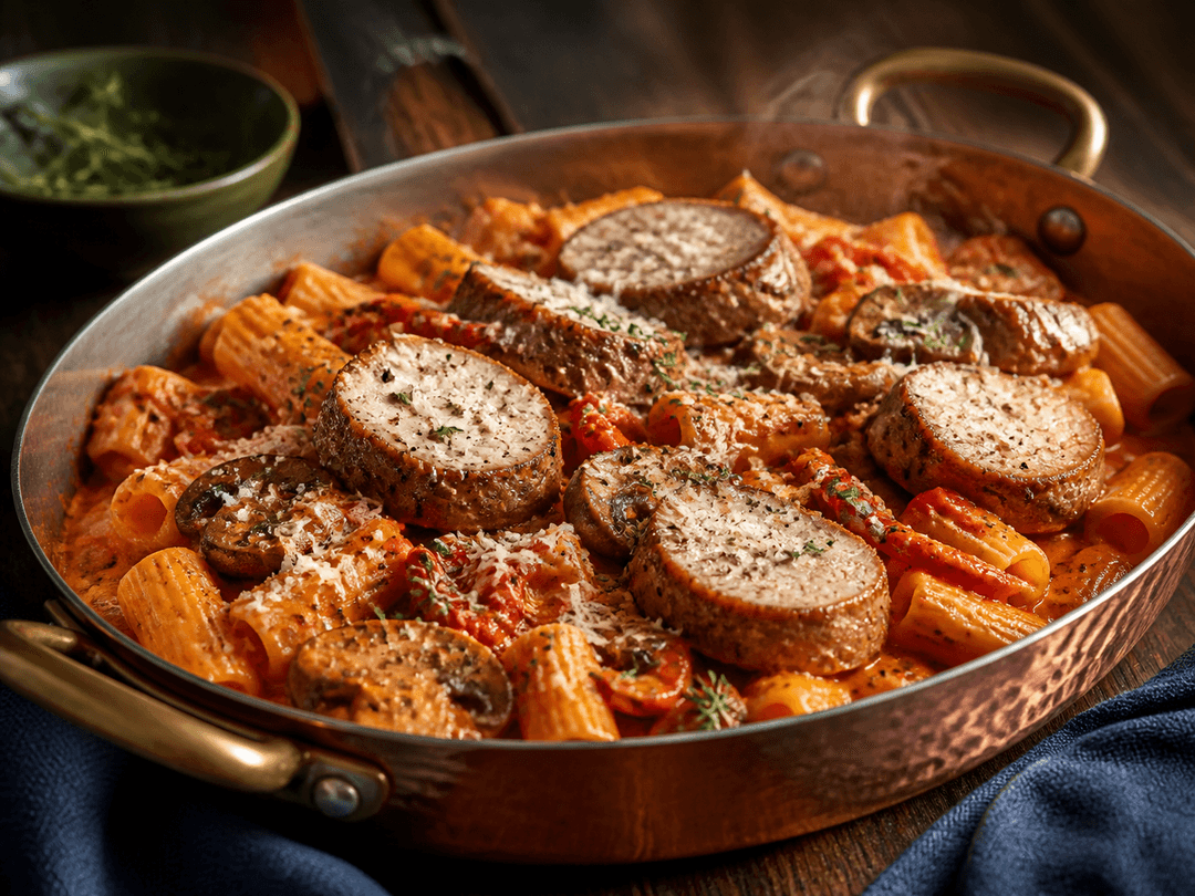 Rigatoni i ristet peberfrugt-tomatfløde med brunede medaljoner af svinemørbrad, champignon, timian og parmesan i kobberpande