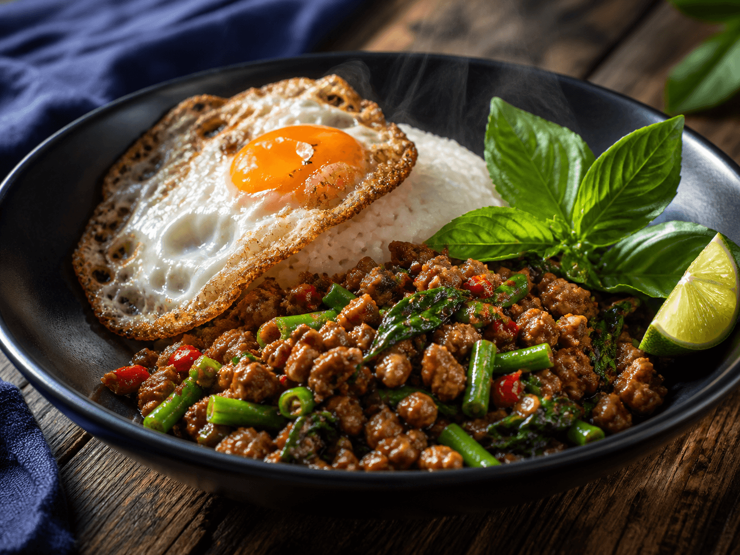 Blank stærk pad krapow med hakket svinekød, grønne bønner, chili og thaibasilikum i sort wokskål med jasminris og sprødkantet spejlæg