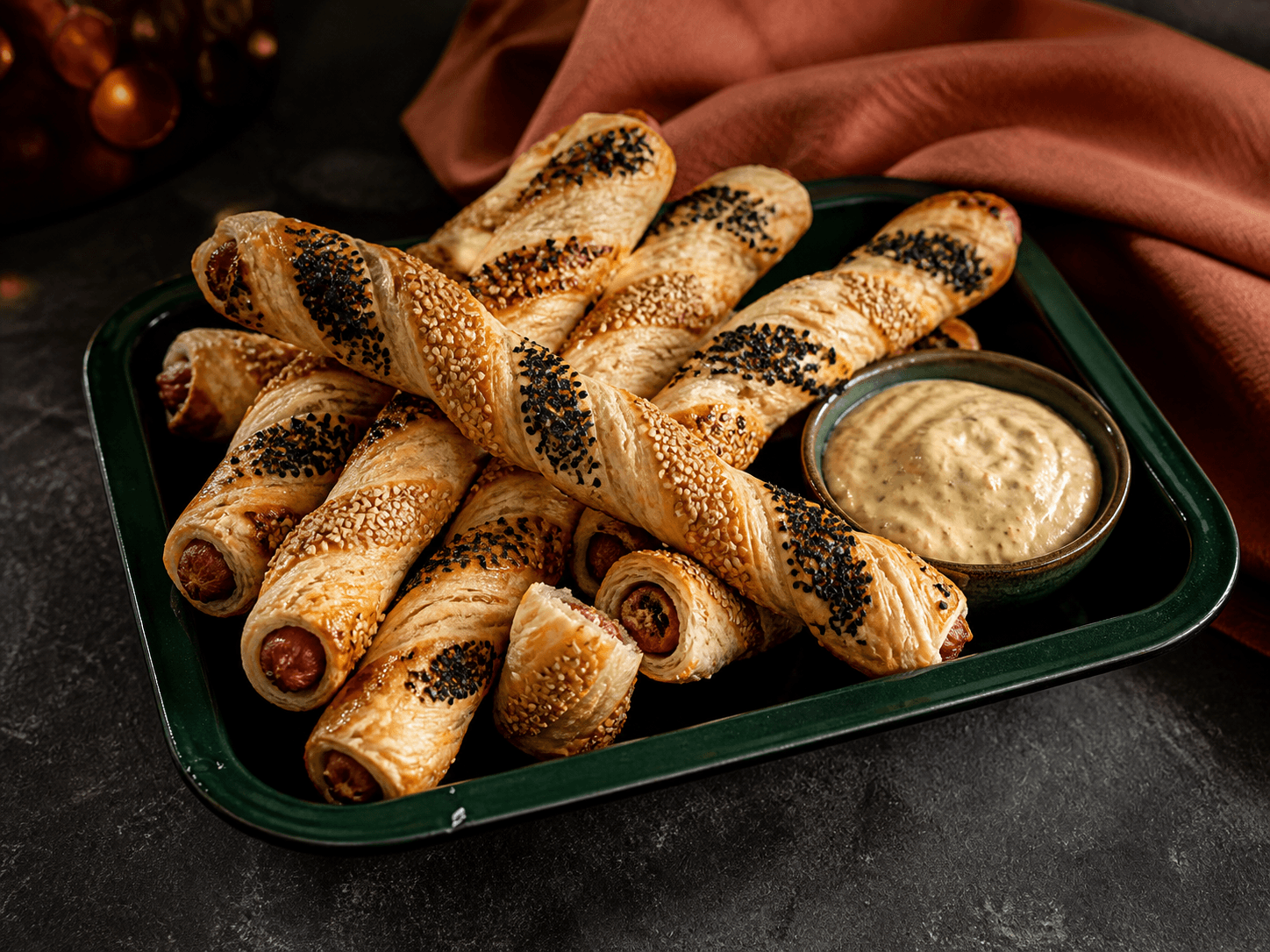 Ti lange snoede butterdejsbatons med cocktailpølser, løgkompot, sesam og nigella i mørkegrøn emaljebakke med æble-dijondip