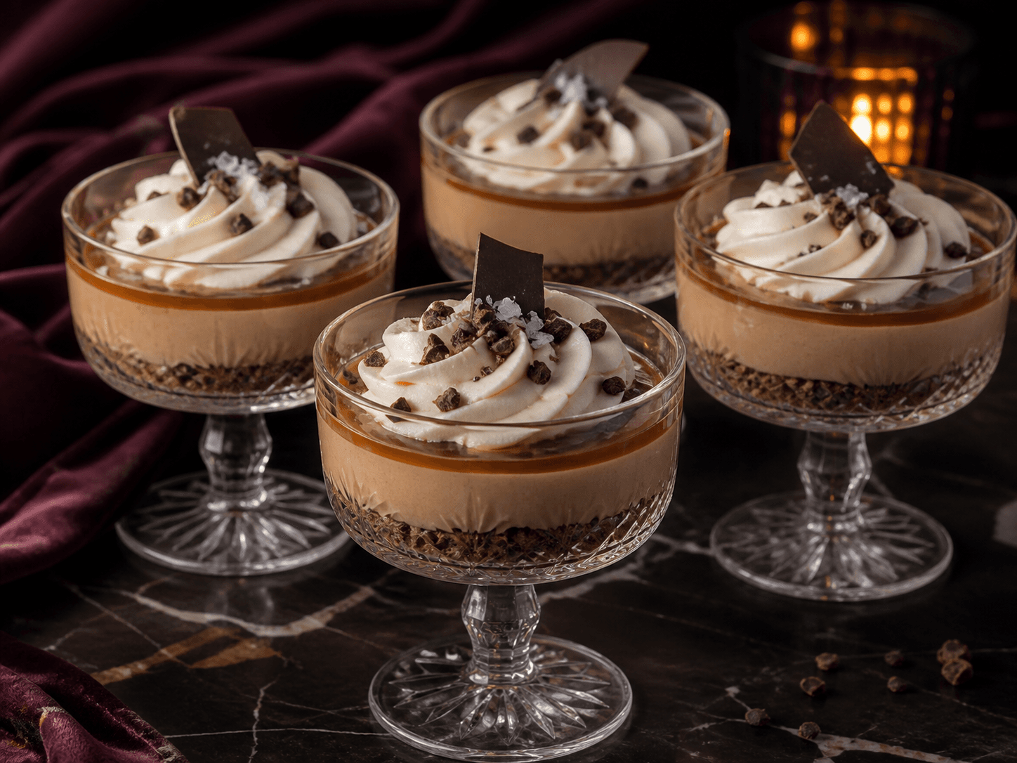 Fire Baileys-cheesecakes i lave krystalcoupeglas med kakao-hasselnøddebund, café-au-lait-creme, espresso-karamel og vaniljemascarpone