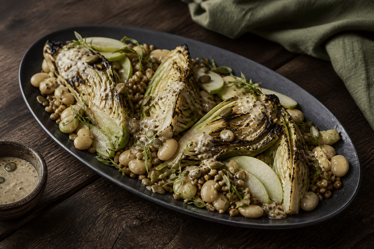 Grillede spidskålsbåde med butterbeans, rugkerner, grønt æble, græskarkerner og estragon-sennepsdressing på mørkt ovalt fad