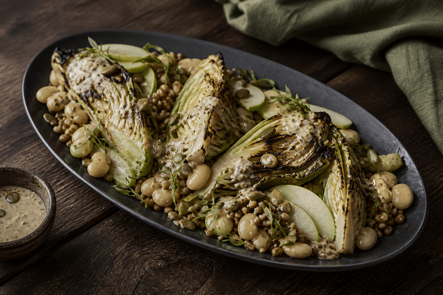 Grillede spidskålsbåde med butterbeans, rugkerner, grønt æble, græskarkerner og estragon-sennepsdressing på mørkt ovalt fad