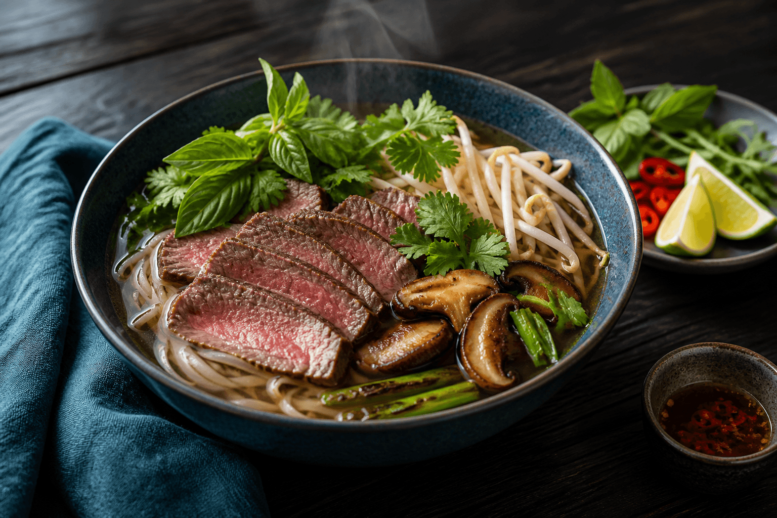 Dyb indigoblå skål med klar krydret pho-bouillon, risnudler, rosa oksekød, shiitake, bønnespirer, thaibasilikum og koriander