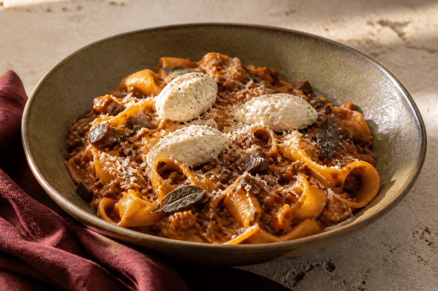 Mossgrøn skål med pappardelle i tæt okse-linseragù med aubergine, svampe og fennikel, citronricotta og sprød salvie