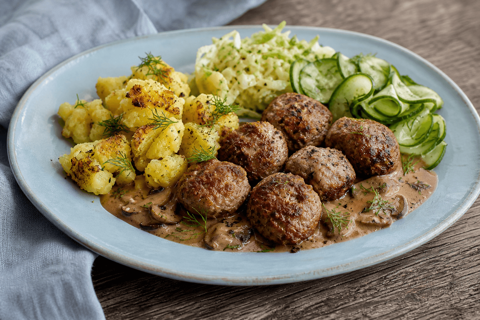 Syv brunede frikadeller med sprøde knuste kartofler, cremet timian-svampesauce, lun spidskål og agurk-dildsalat på lyseblåt fad