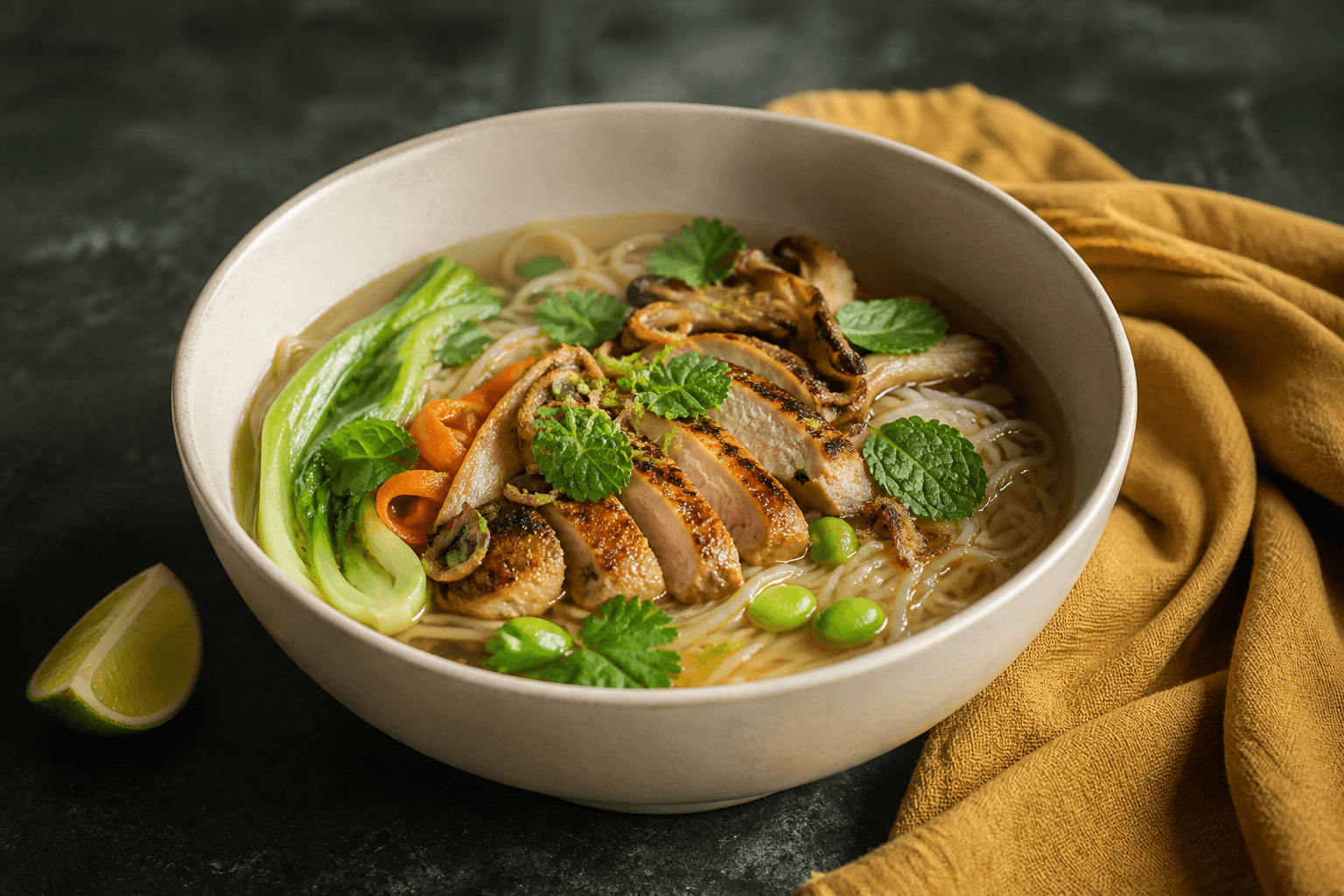 Cremefarvet skål med klar ingefær-citrongræs-bouillon, risnudler, brunet kylling, pak choi, østershatte, edamame og mynte