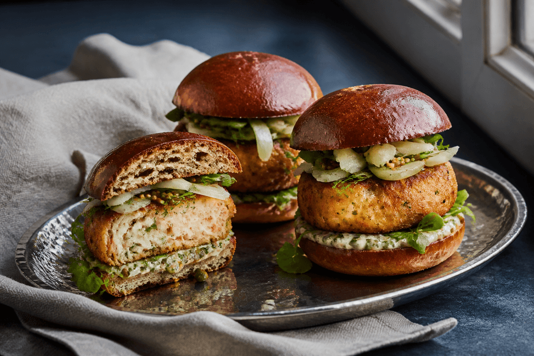 Tre blanke rugbriochesliders med tykke torske-laksefrikadeller, citron-kapersremoulade, fennikel, agurk og sennepsfrø på sølvfad