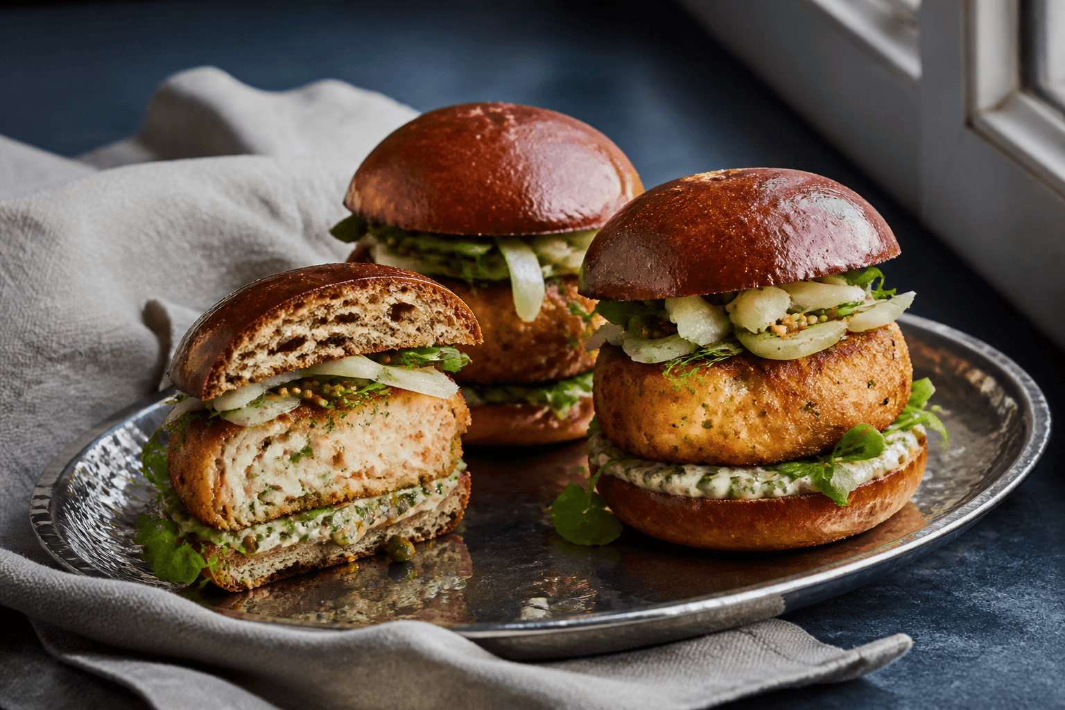 Tre blanke rugbriochesliders med tykke torske-laksefrikadeller, citron-kapersremoulade, fennikel, agurk og sennepsfrø på sølvfad