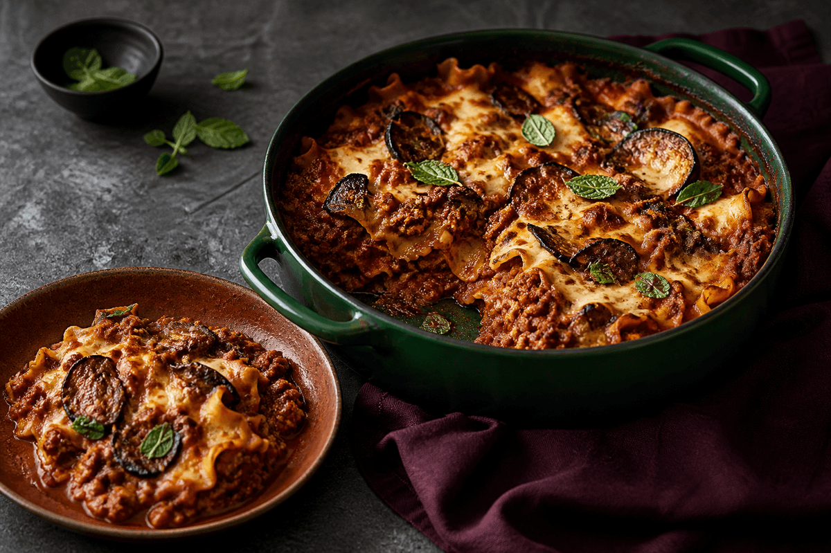 Emeraldgrøn rund gryde med brudte lasagnebånd i tæt lamme-aubergineragù, røget mozzarella og mynte samt en portion på terrakottatallerken