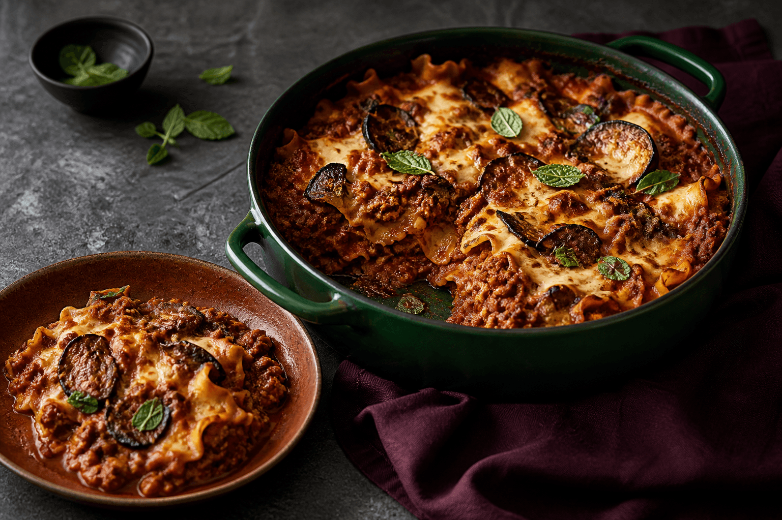 Emeraldgrøn rund gryde med brudte lasagnebånd i tæt lamme-aubergineragù, røget mozzarella og mynte samt en portion på terrakottatallerken