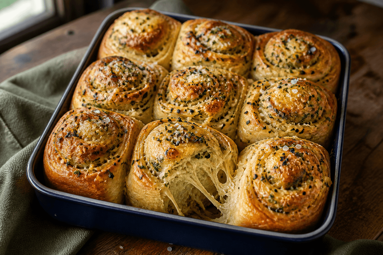 Ni firkantede laminerede hvidløgs-pull-apart brød med urter, cheddar, sort sesam og flagesalt i mørkeblå emaljeform, ét trukket frem