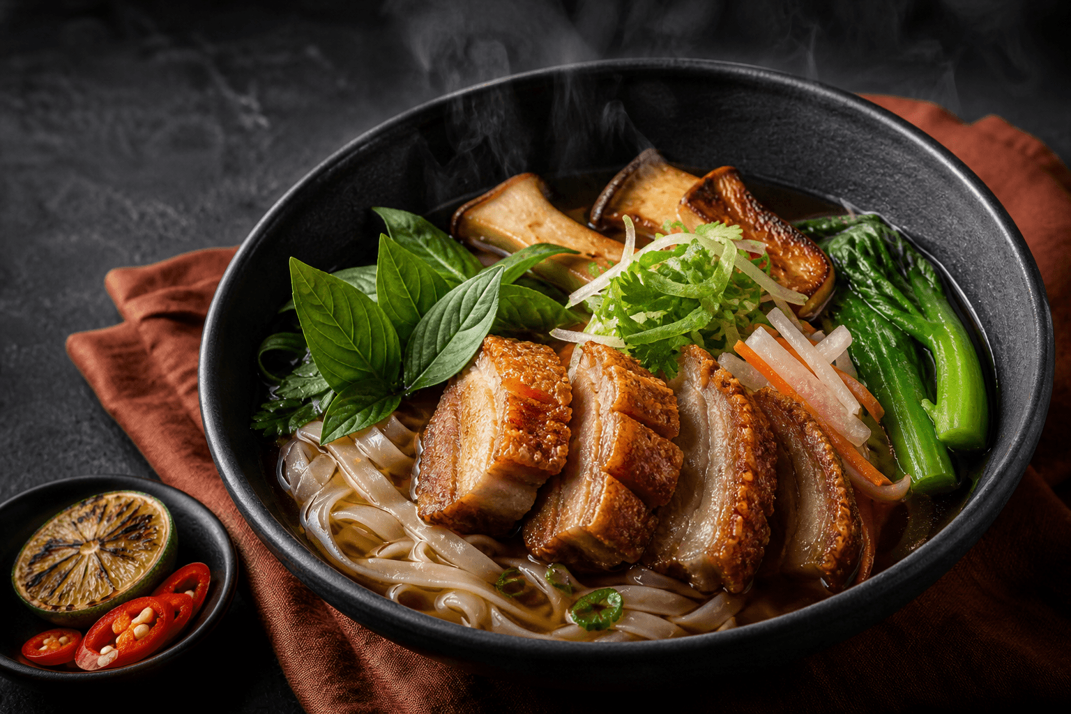 Sort skål med mørk klar femkrydder-pho, brede risnudler, glaseret ribbensteg med sprød svær, kongeøstershat, choy sum og syltet daikon