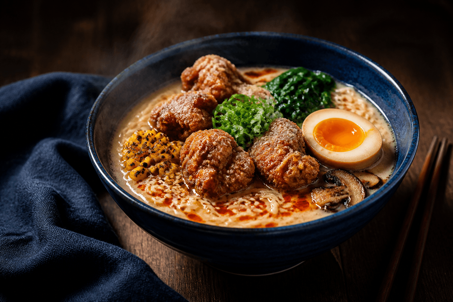 Koboltblå skål med cremet sesam-miso-ramen, sprød karaagekylling, sojaæg, grillet majs, shiitake, spinat og chiliolie