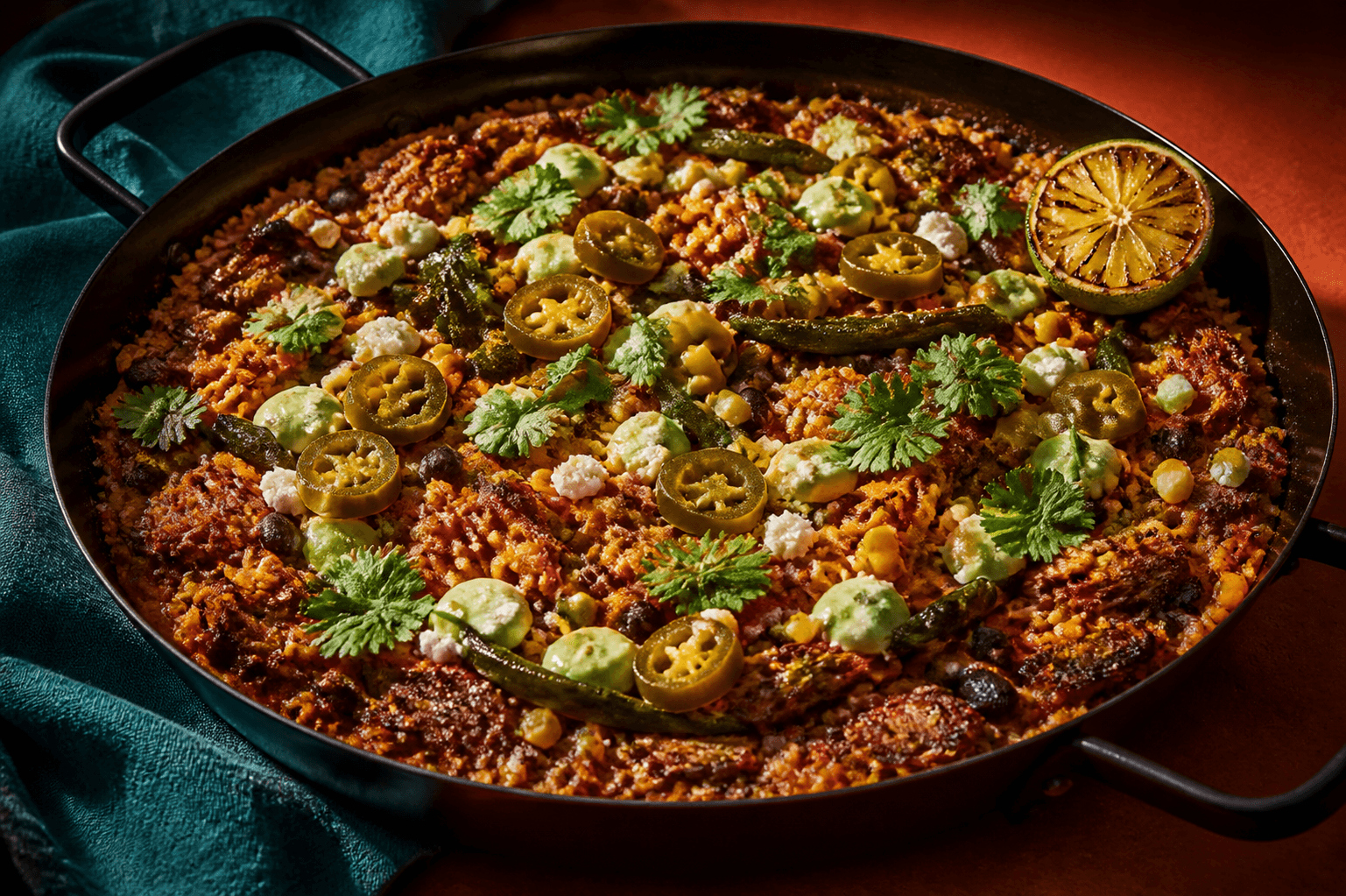 Sort pande med texmex-ris, trevlet chipotleokse, sorte bønner, majs, poblano, sprøde riskanter, jalapeño, ost og avocadocreme
