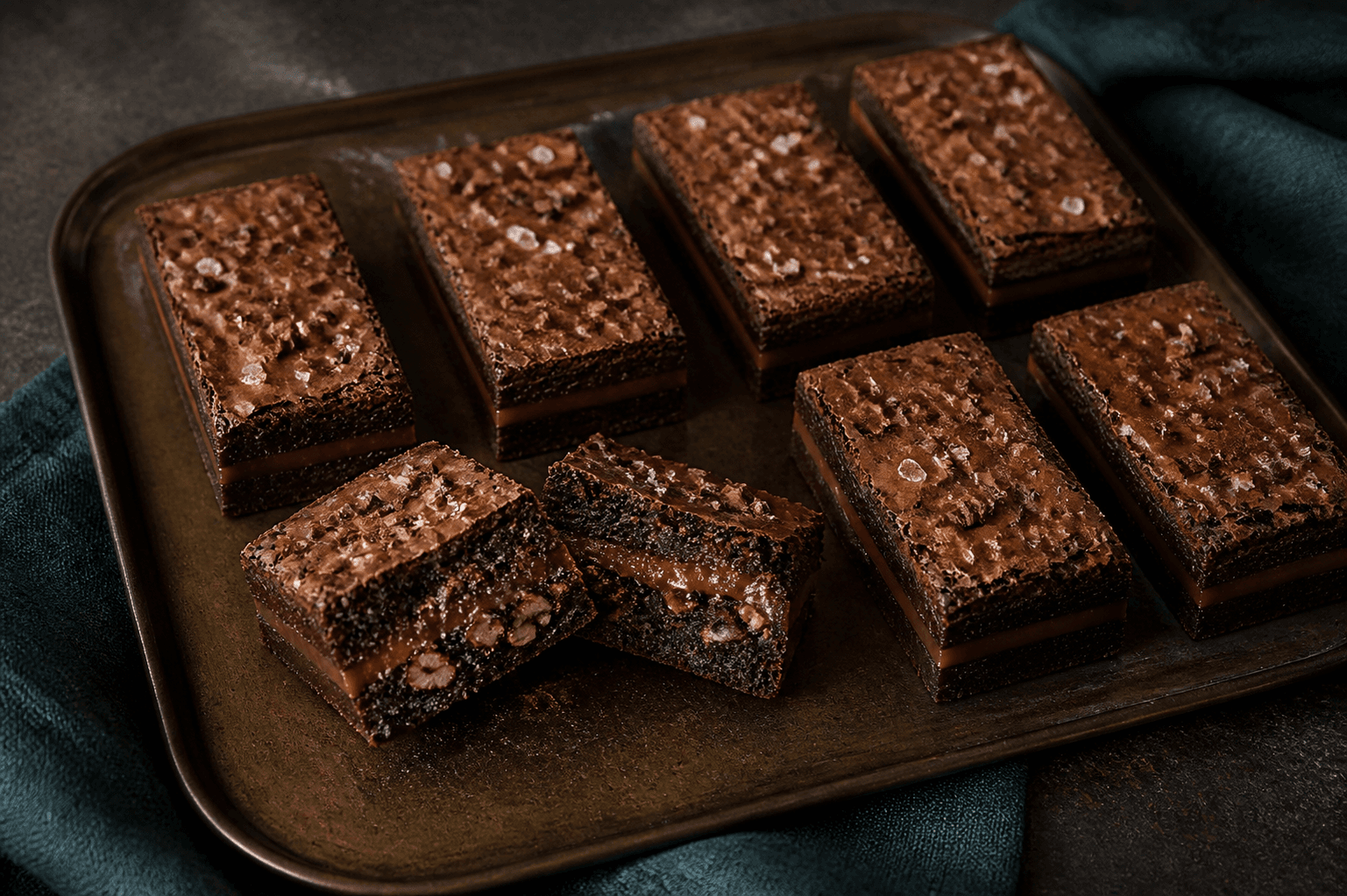 Otte rektangulære espresso-rugbrownies med blank krakeleret top, saltflager og tynd saltkaramelkerne på bronzeplade, ét delt med pecan