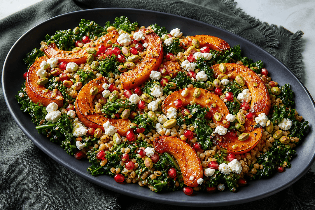 Mørkt ovalt fad med misobagte græskarbåde, freekeh, grønkål, feta, granatæble og pistacie