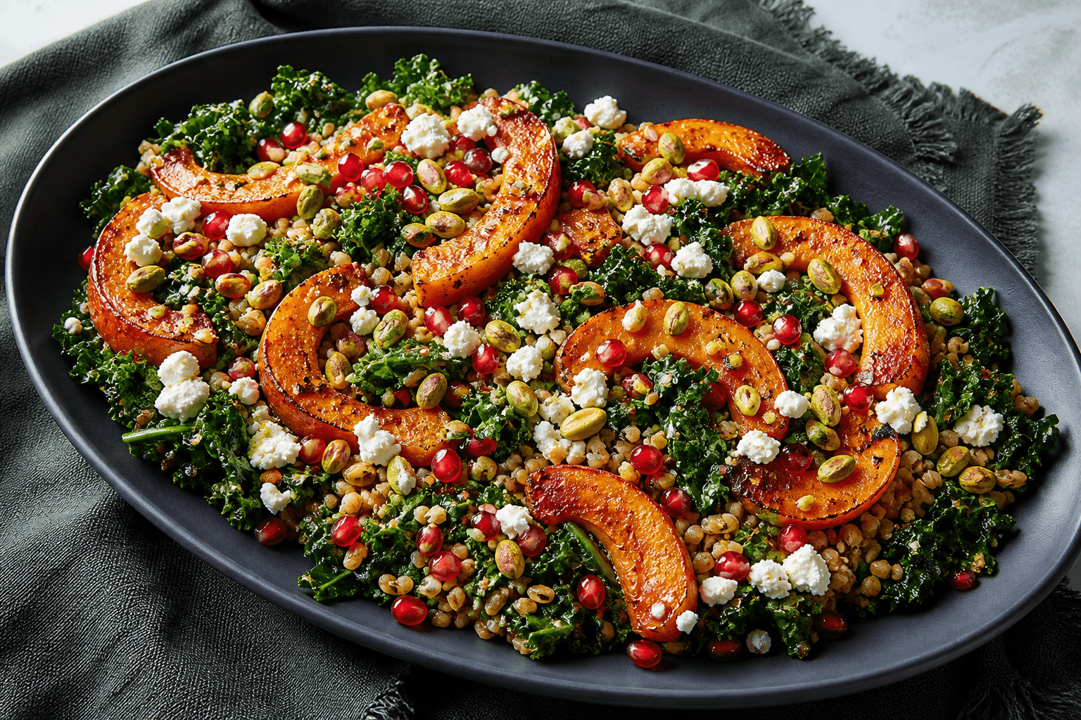 Mørkt ovalt fad med misobagte græskarbåde, freekeh, grønkål, feta, granatæble og pistacie