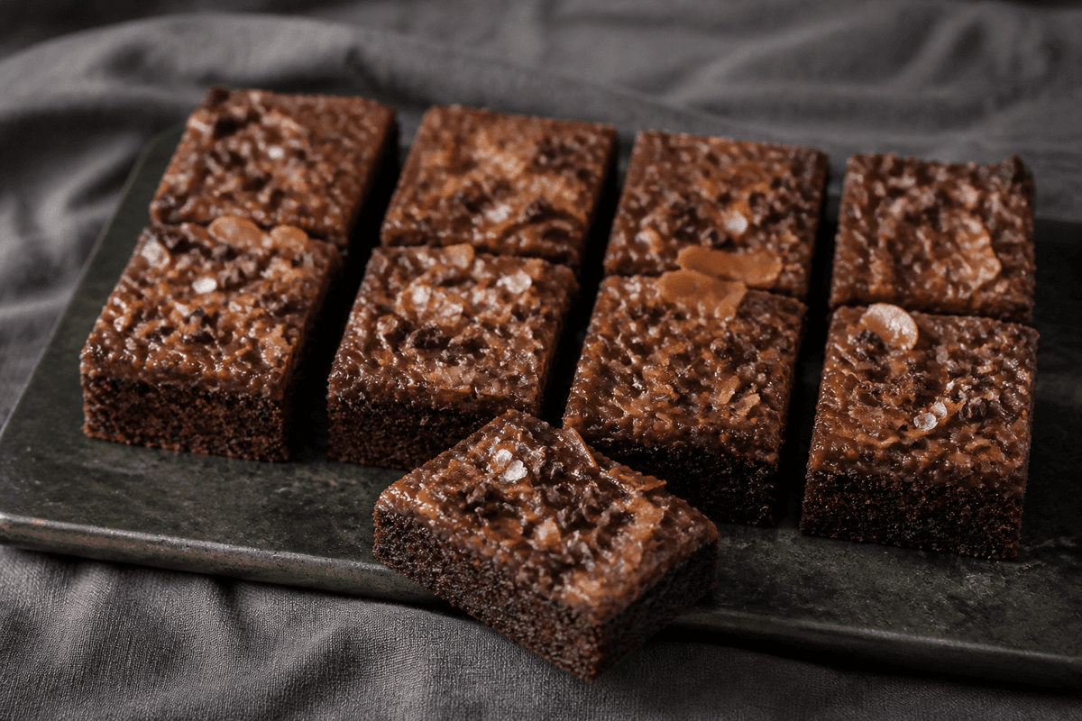 Otte rektangulære mørke chokoladekagebarer med blank espresso-kokostop, ristede kokoschips, kakaonibs og flagesalt