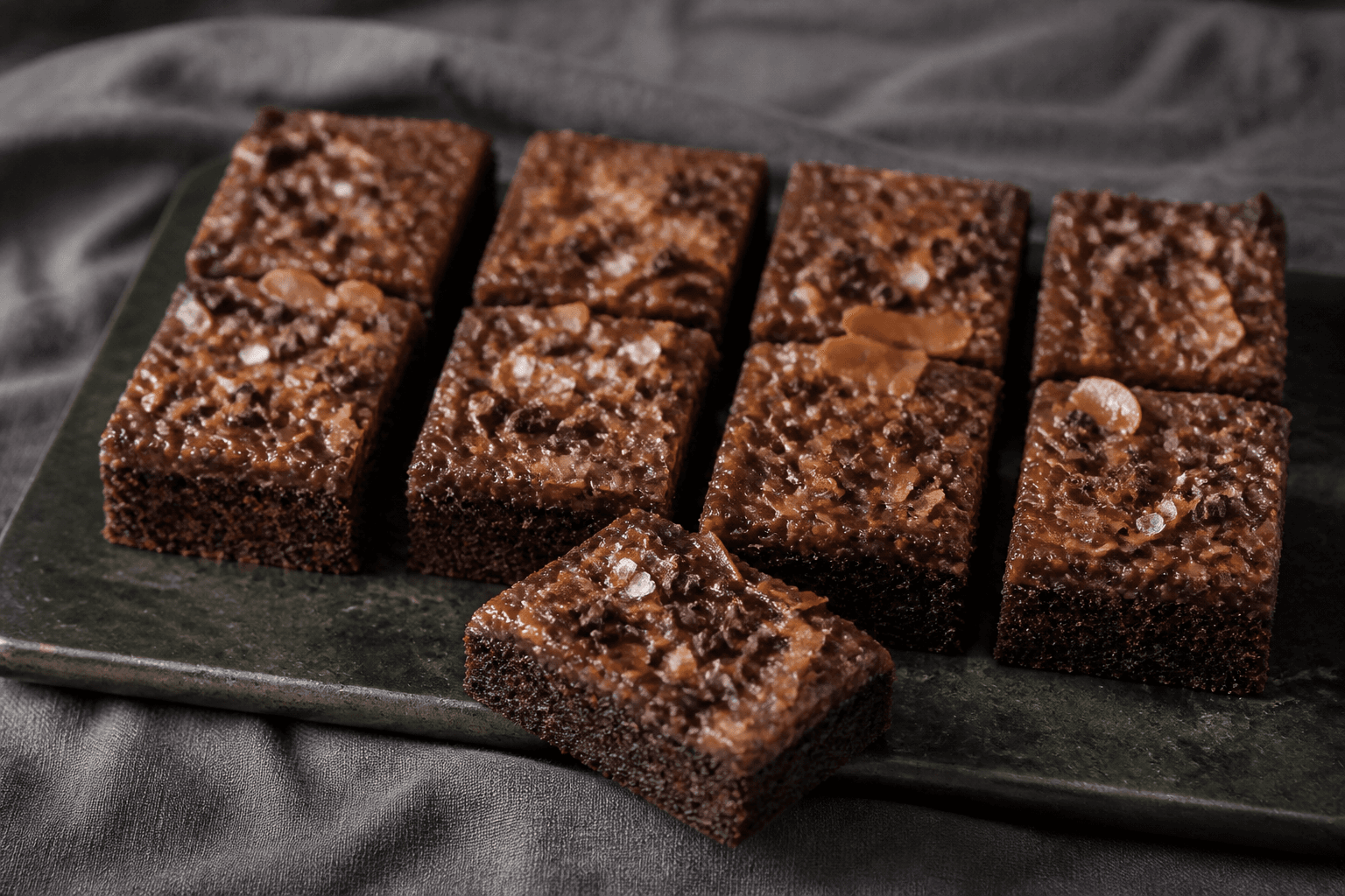 Otte rektangulære mørke chokoladekagebarer med blank espresso-kokostop, ristede kokoschips, kakaonibs og flagesalt