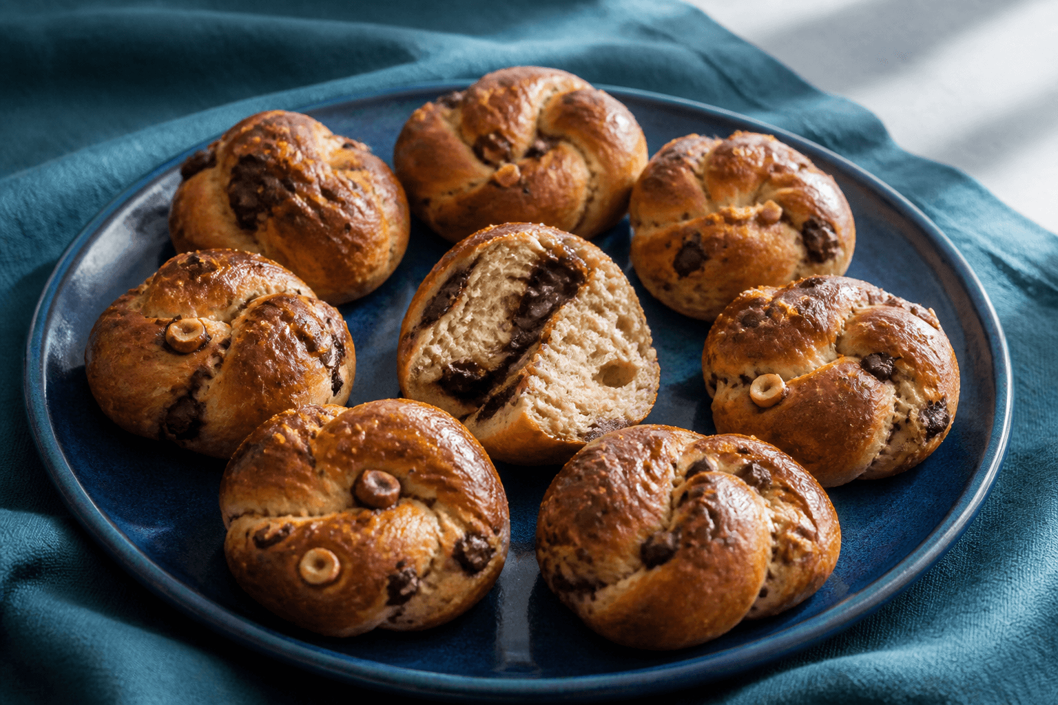 Otte gyldne chokoladebriocheknuder med appelsin, rug og hasselnød på koboltblåt fad, én delt med smeltet chokolade