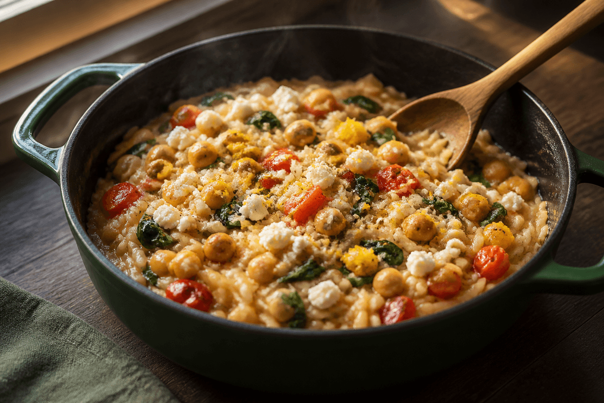 Skovgrøn gryde med cremet one-pot orzo, kikærter, ristet peber, spinat, tomat, citron og feta
