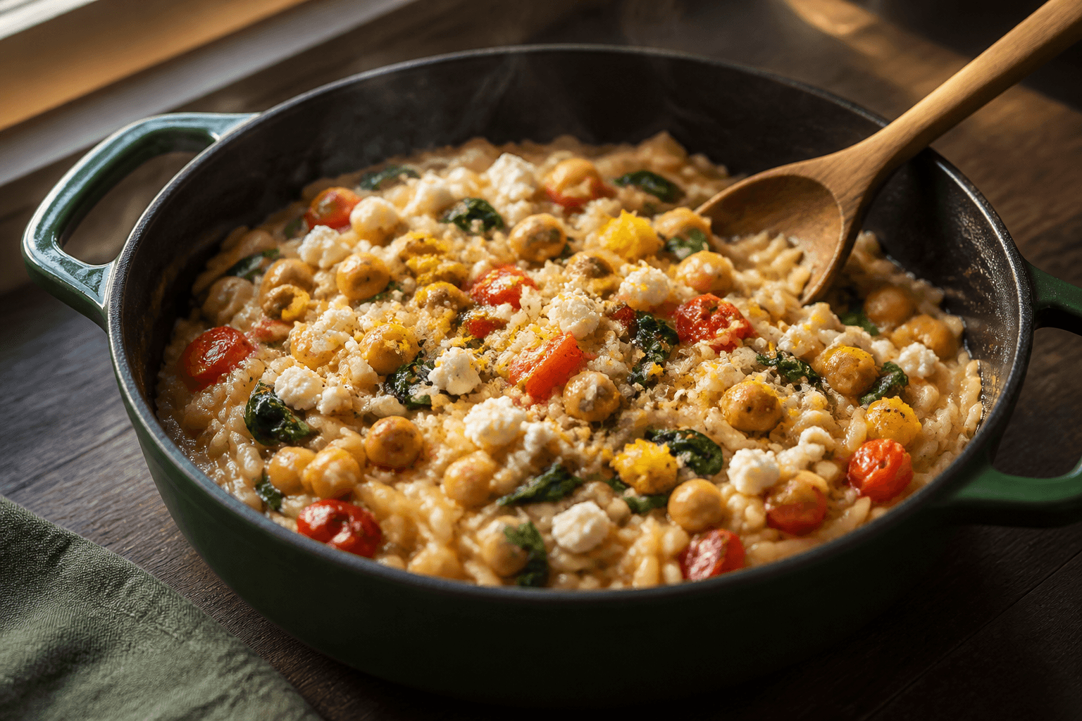 Skovgrøn gryde med cremet one-pot orzo, kikærter, ristet peber, spinat, tomat, citron og feta