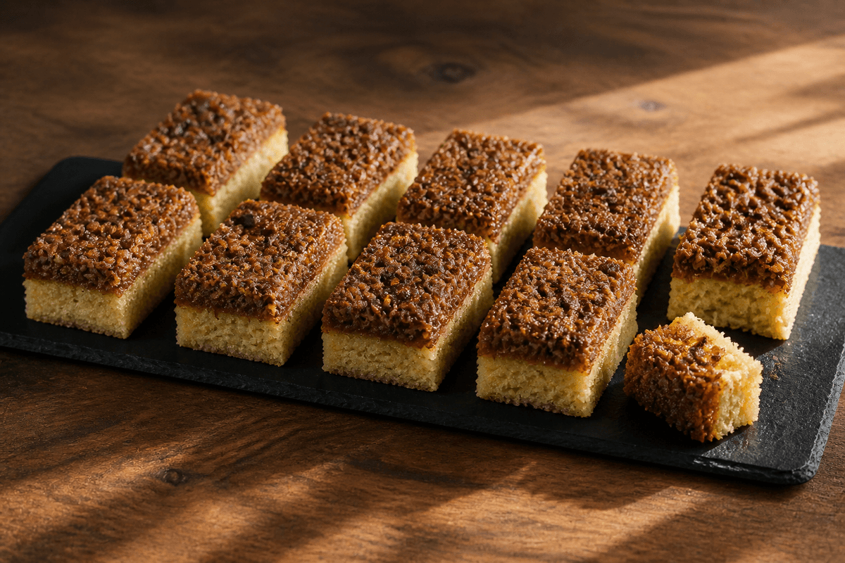 Ni aflange stykker drømmekage med gylden brunet-smør-krumme og mørk espresso-kokostop på sort stenfad