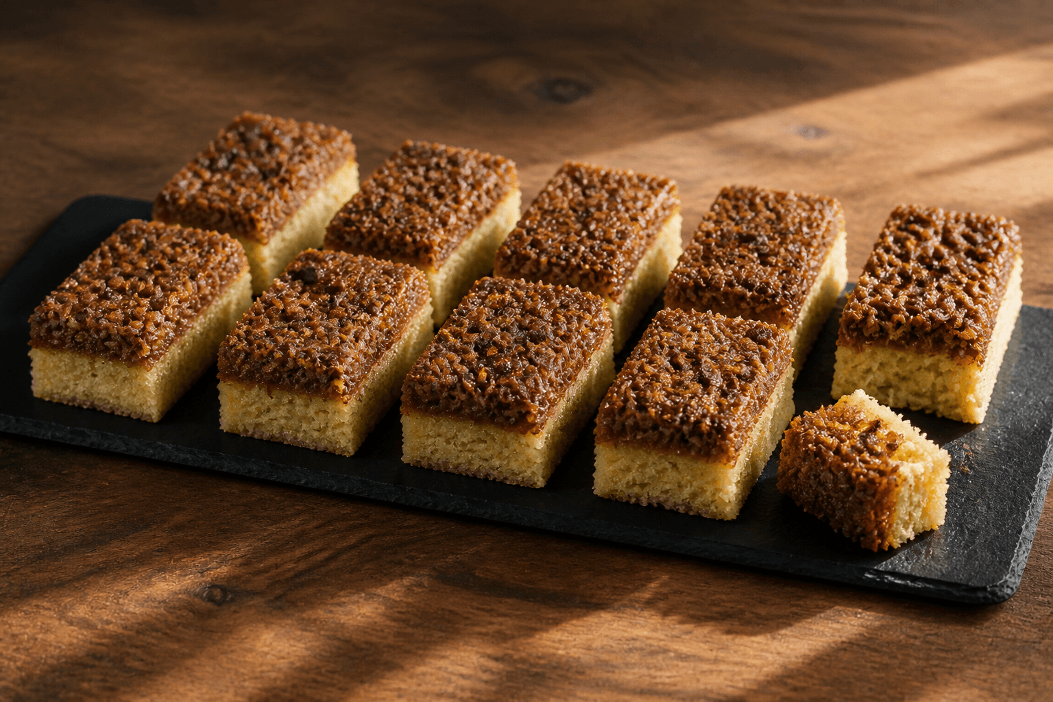 Ni aflange stykker drømmekage med gylden brunet-smør-krumme og mørk espresso-kokostop på sort stenfad