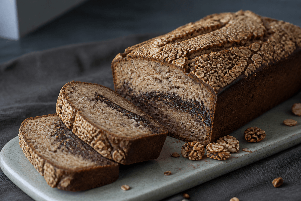 Lavt tahin-bananbrød med rug, mørk kakaotahinmarmor og sprød sesam-havretop på salviegrøn keramik
