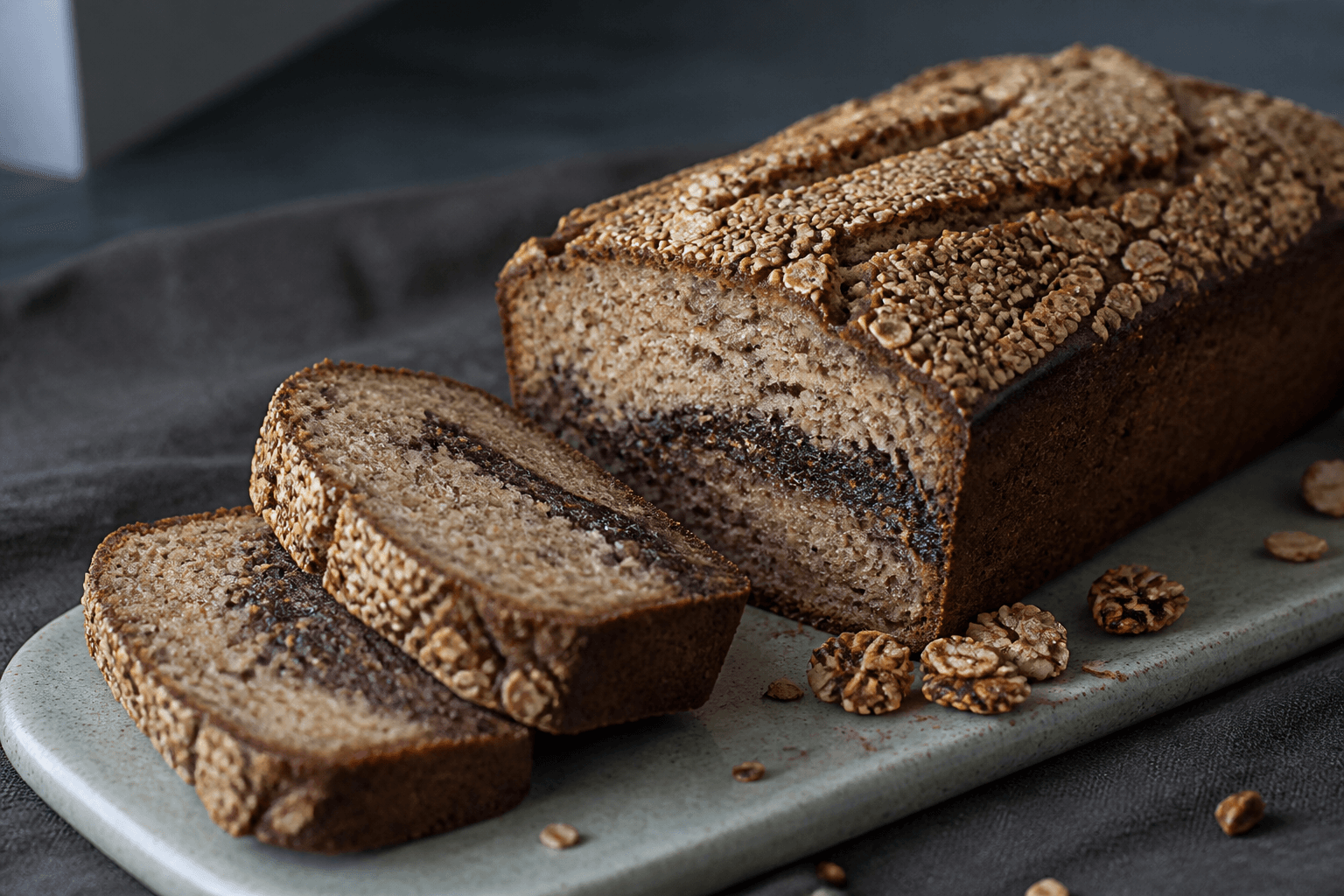Lavt tahin-bananbrød med rug, mørk kakaotahinmarmor og sprød sesam-havretop på salviegrøn keramik