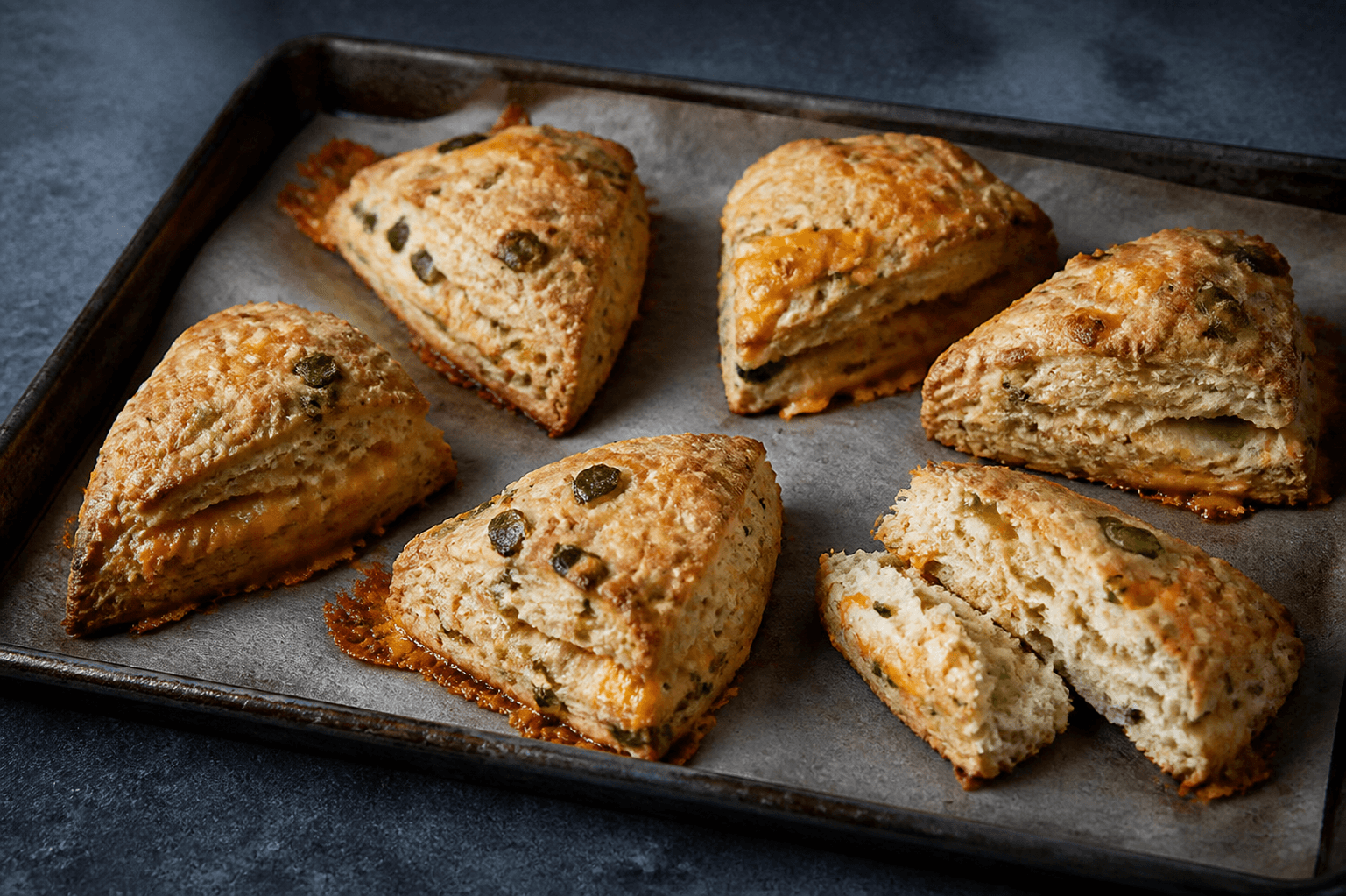 Seks høje trekantede cheddar-scones med synlige lag, poblano, jalapeño og sprøde ostekanter på mørk bageplade