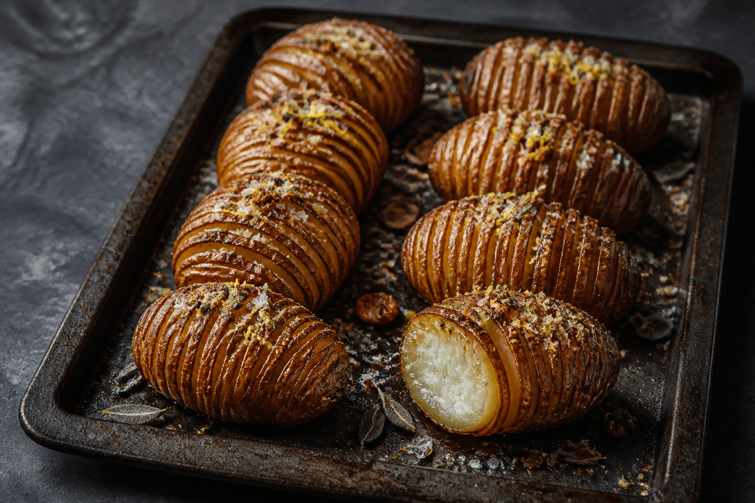 Otte mørkt gyldne Hasselback-kartofler med sprøde vifter, salviesmør, parmesan-rugkrumme og citron på sort stålplade