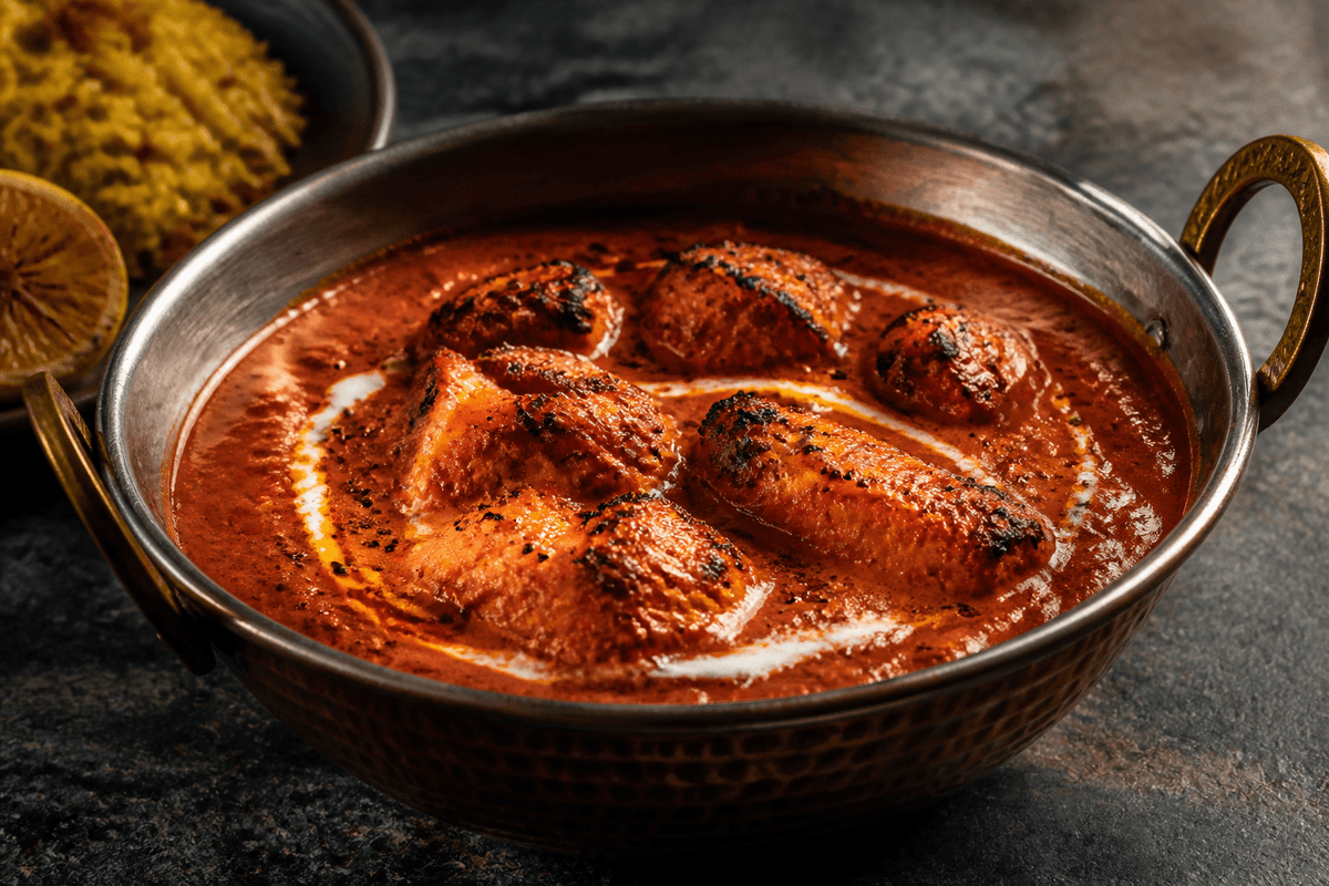 Kobbergryde med dybrød butter chicken, sortgrillede kyllingestykker, tomat-cashewsauce, yoghurtstribe og fenugreeksmør