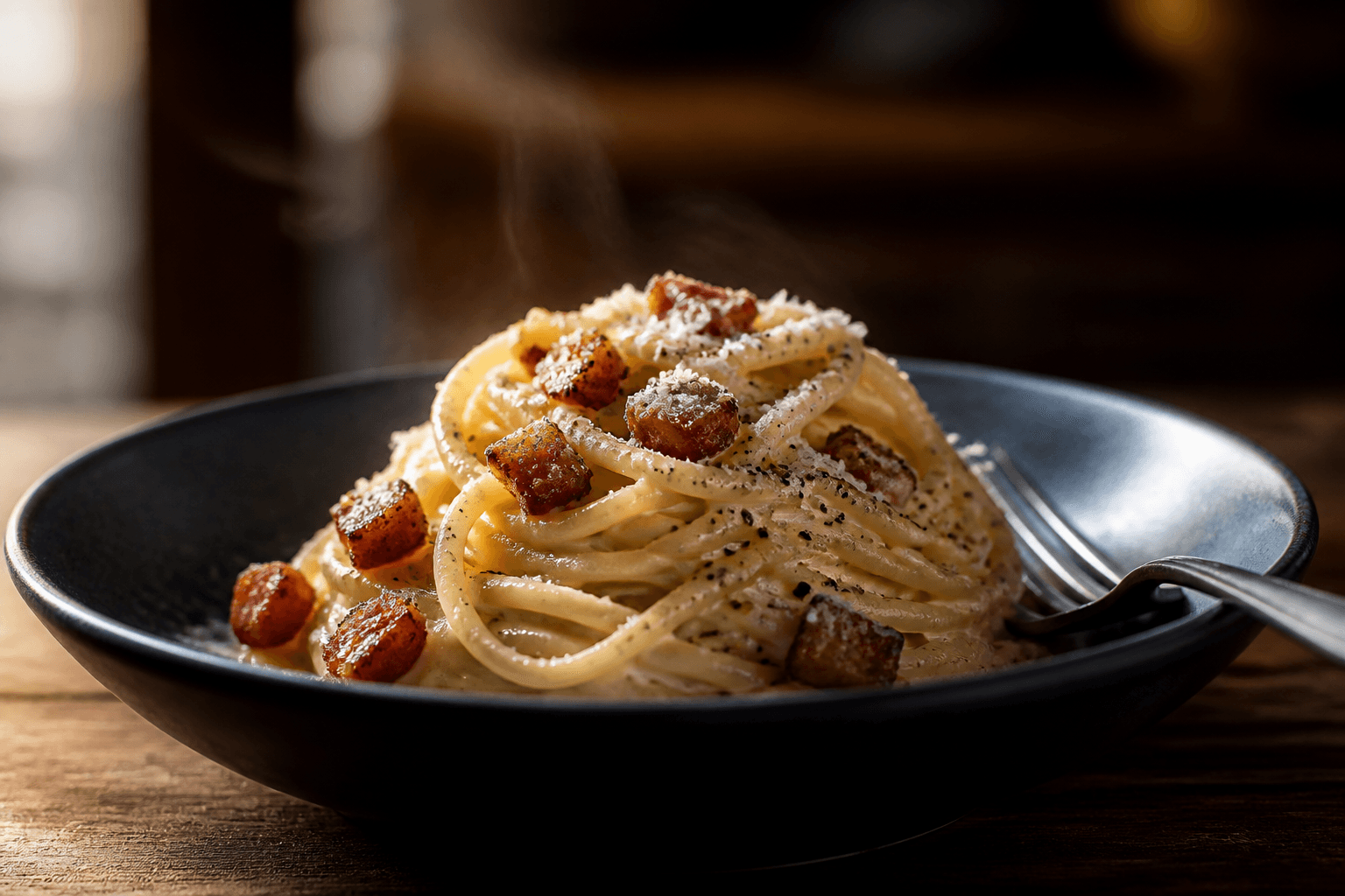 Midnatsblå skål med blank flødefri spaghetti carbonara, sprød guanciale, pecorino og groft sort peber