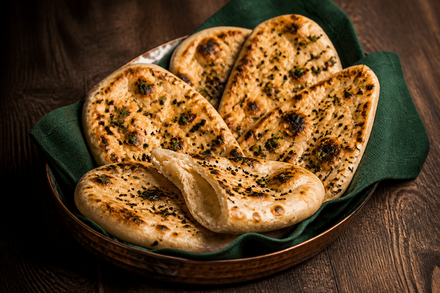 Fem dråbeformede pandebagte naan med sorte blister, hvidløg, korianderfrø, purløg og nigella i kobberfad