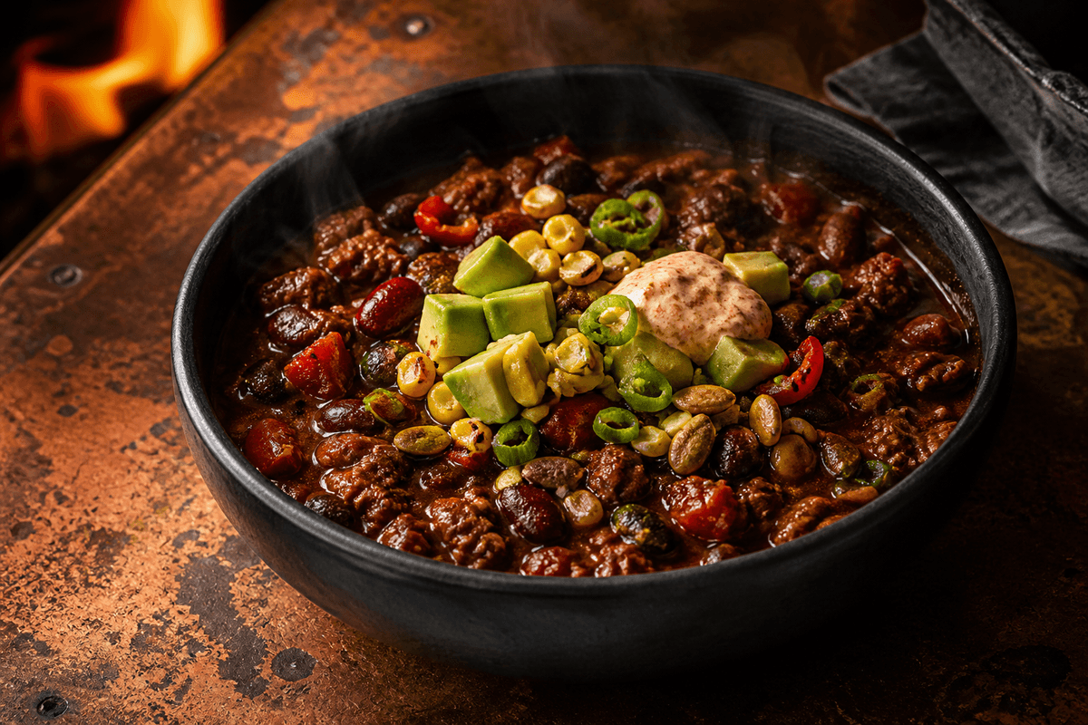 Mat koksgrå skål med mørk chili con carne, oksekød, kidney- og sorte bønner, avocado, lime-majs, chipotle-skyr og græskarkerner