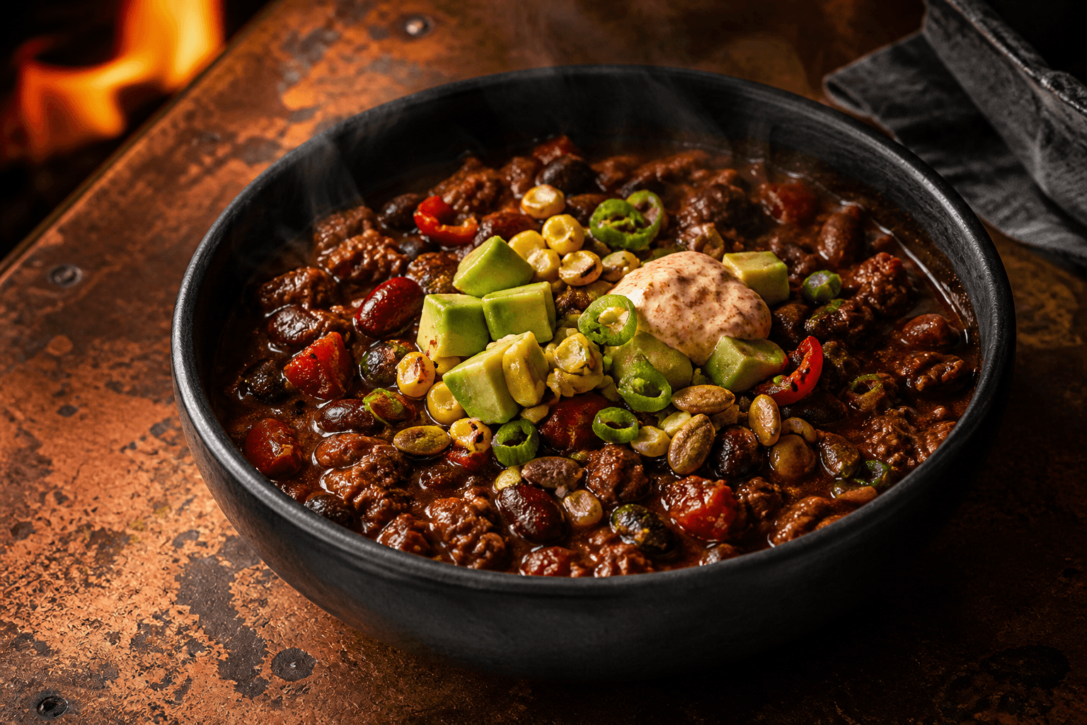 Mat koksgrå skål med mørk chili con carne, oksekød, kidney- og sorte bønner, avocado, lime-majs, chipotle-skyr og græskarkerner
