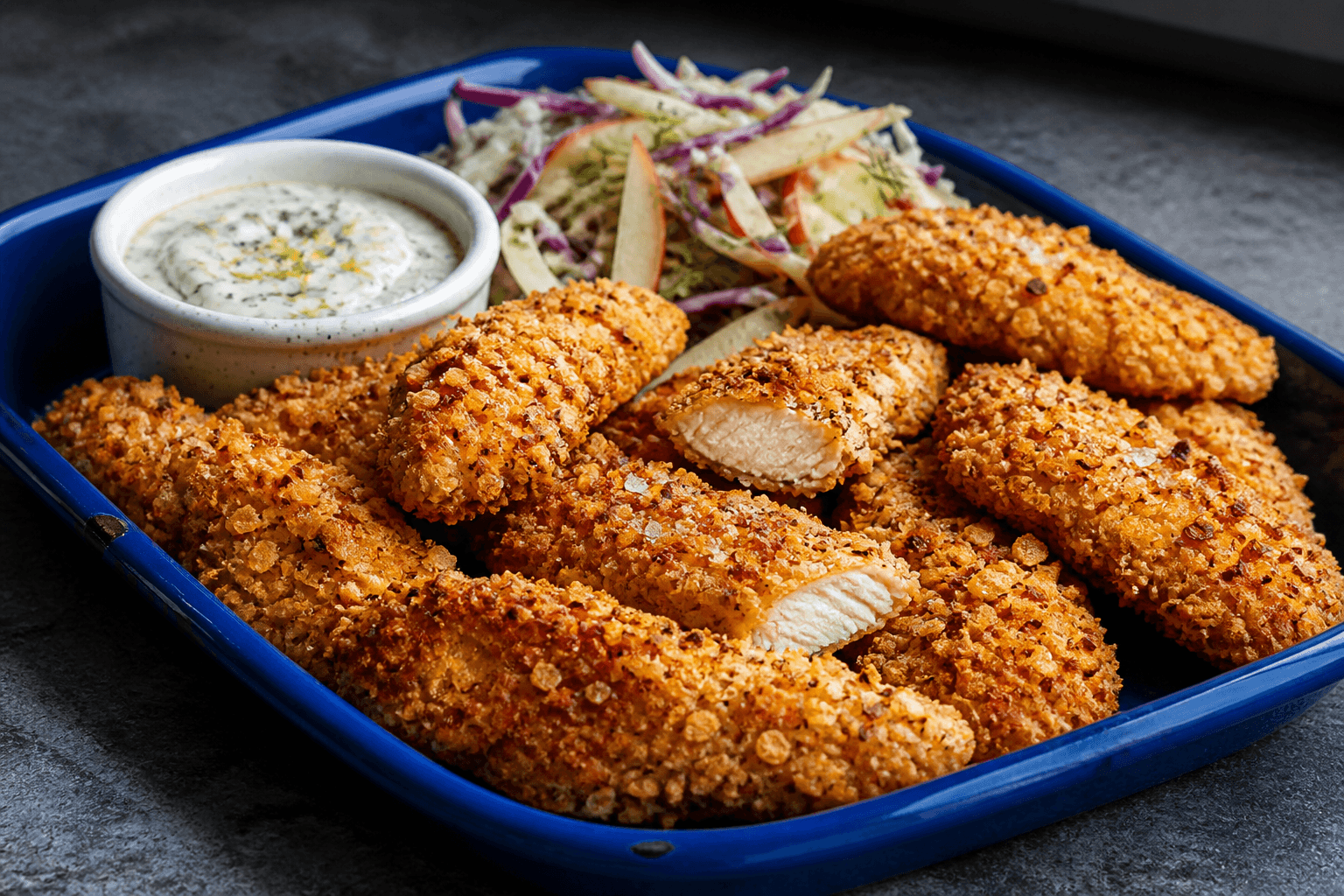 Ti ovnbagte kyllingestrimler med gylden majs-panko-parmesanskorpe, citron-dildskyr og æble-kålslaw i koboltblå emalje