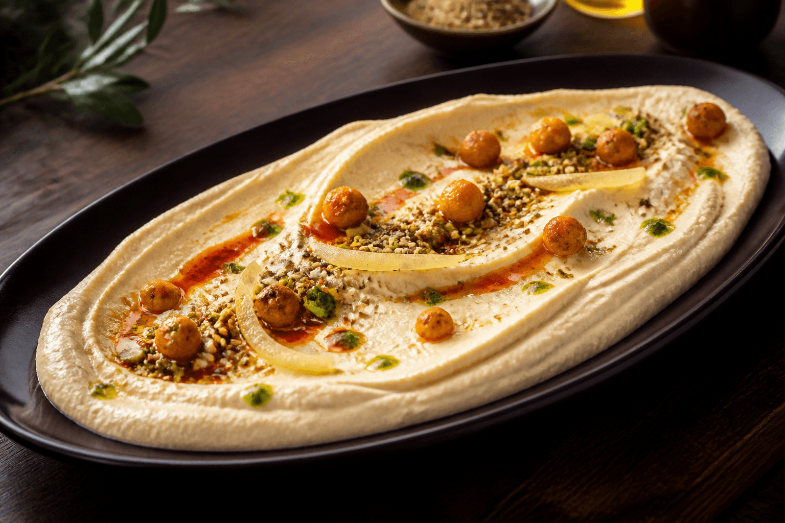 Silkeblød citron-hummus på auberginefarvet fad med harissaolie, sprøde kikærter, pistacie-dukkah og syltet citron