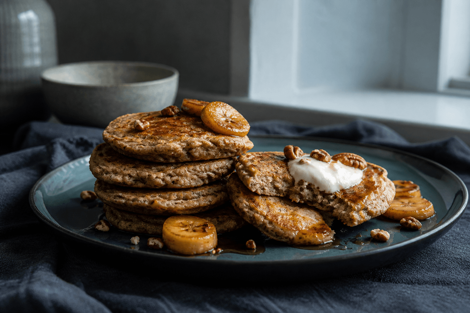 Små boghvede-bananpandekager med sprøde kanter, karamelliseret banan, citron-skyr, pekannødder og mørk ahornsirup