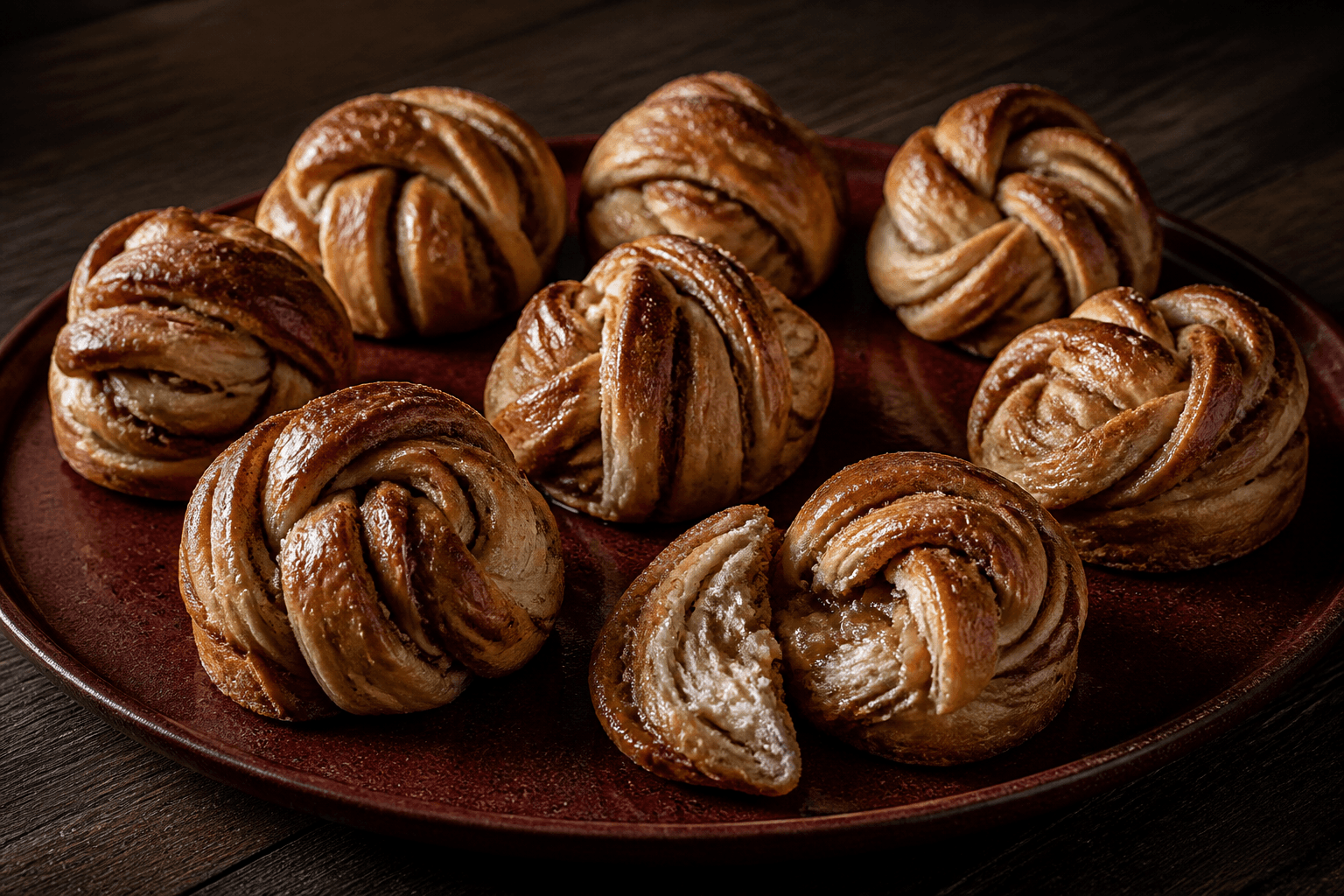 Otte flettede kardemomme-kanelsnurrer med brunet smør, æblefyld og tynd ciderglasur på mørkerødt fad