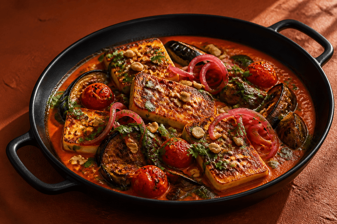 Dybt stegte halloumiplanker og auberginebåde i rød peber-cashew-masala med cherrytomater, pink syltet løg og cashewknas i sort pande