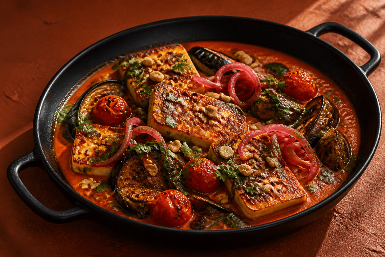 Dybt stegte halloumiplanker og auberginebåde i rød peber-cashew-masala med cherrytomater, pink syltet løg og cashewknas i sort pande