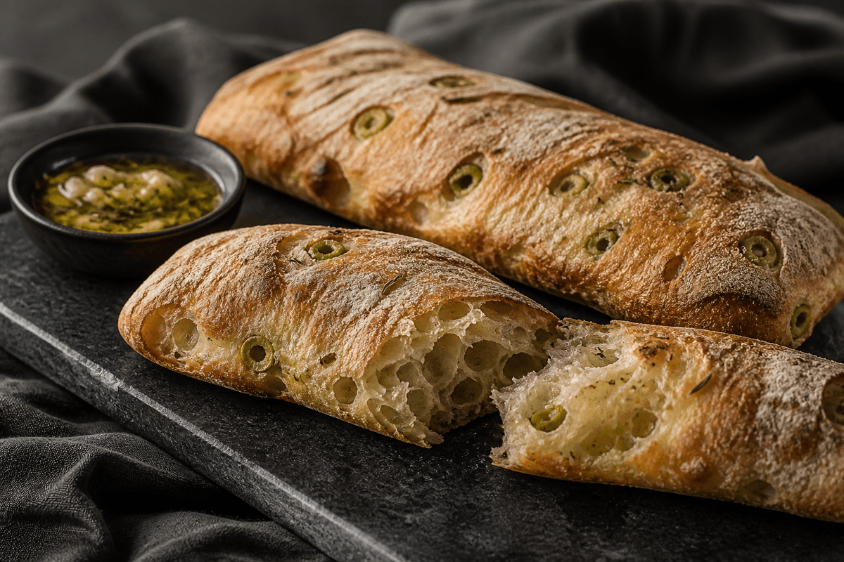 To lange surdejs-ciabatta med grønne oliven, rosmarin og åben blank krumme på sort stenskifer med urteolie