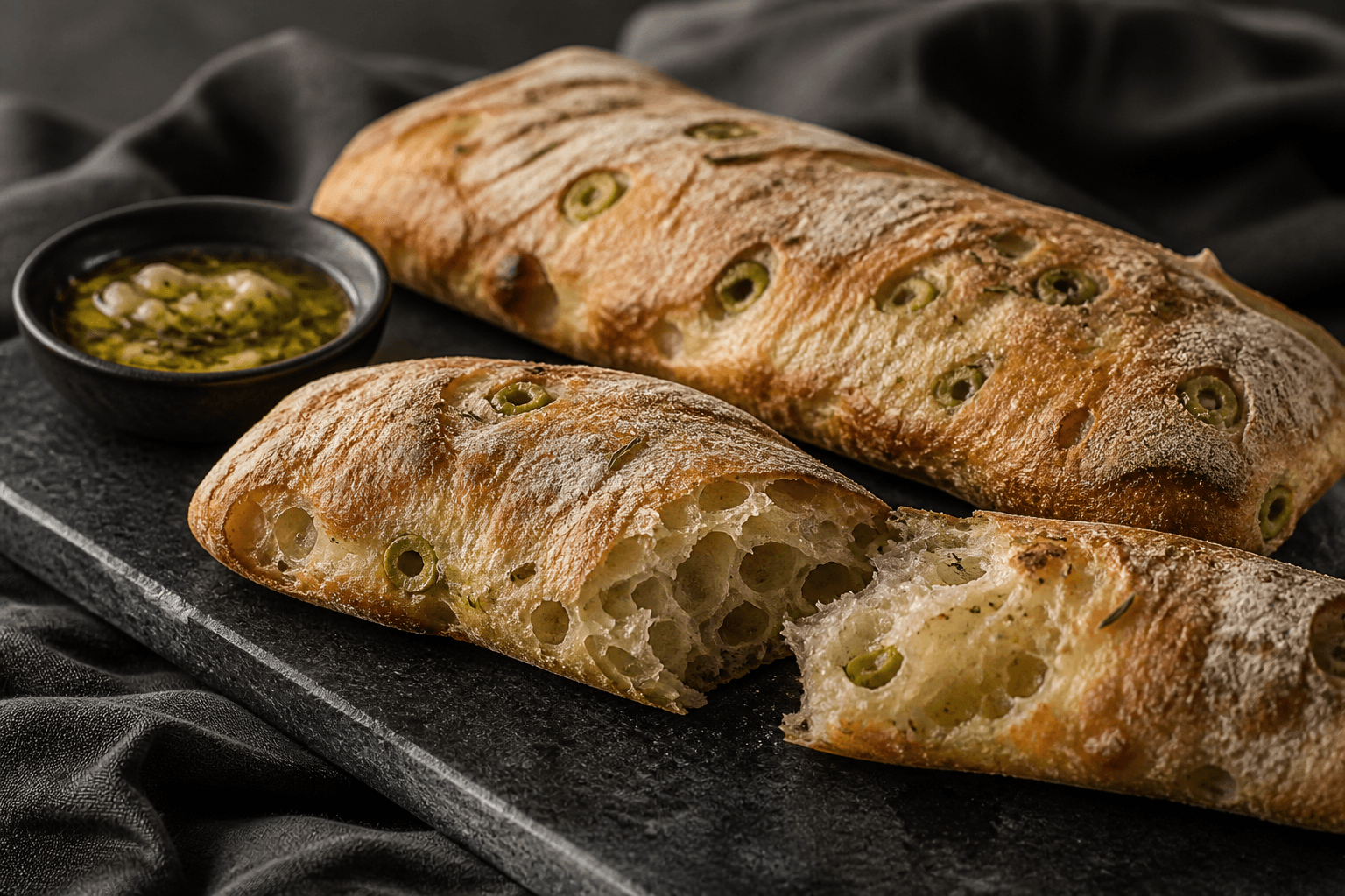 To lange surdejs-ciabatta med grønne oliven, rosmarin og åben blank krumme på sort stenskifer med urteolie