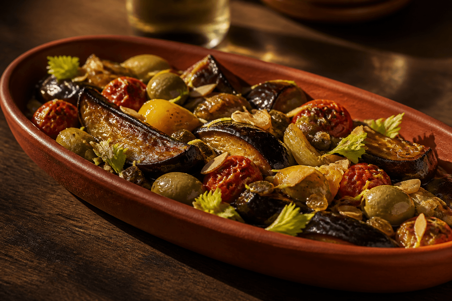 Langt rustfarvet fad med ristet caponata af aubergine, gul peber, tomat, grønne oliven, kapers, rosiner og mandler