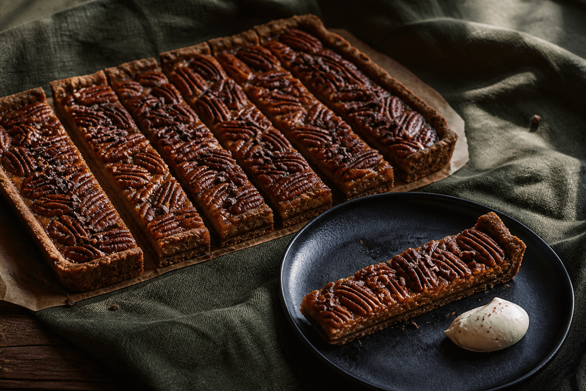 Rektangulær pecan-tærte skåret i smalle bars med mørk rugbund, blank ahorn-misokaramel, kakaonibs og crème fraîche