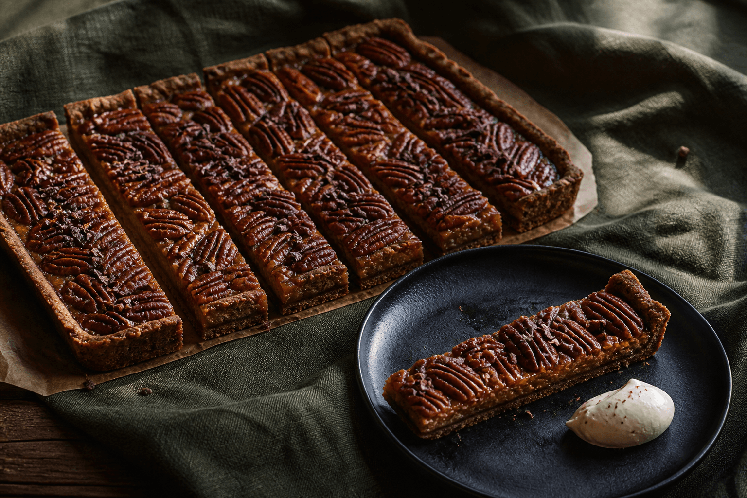 Rektangulær pecan-tærte skåret i smalle bars med mørk rugbund, blank ahorn-misokaramel, kakaonibs og crème fraîche
