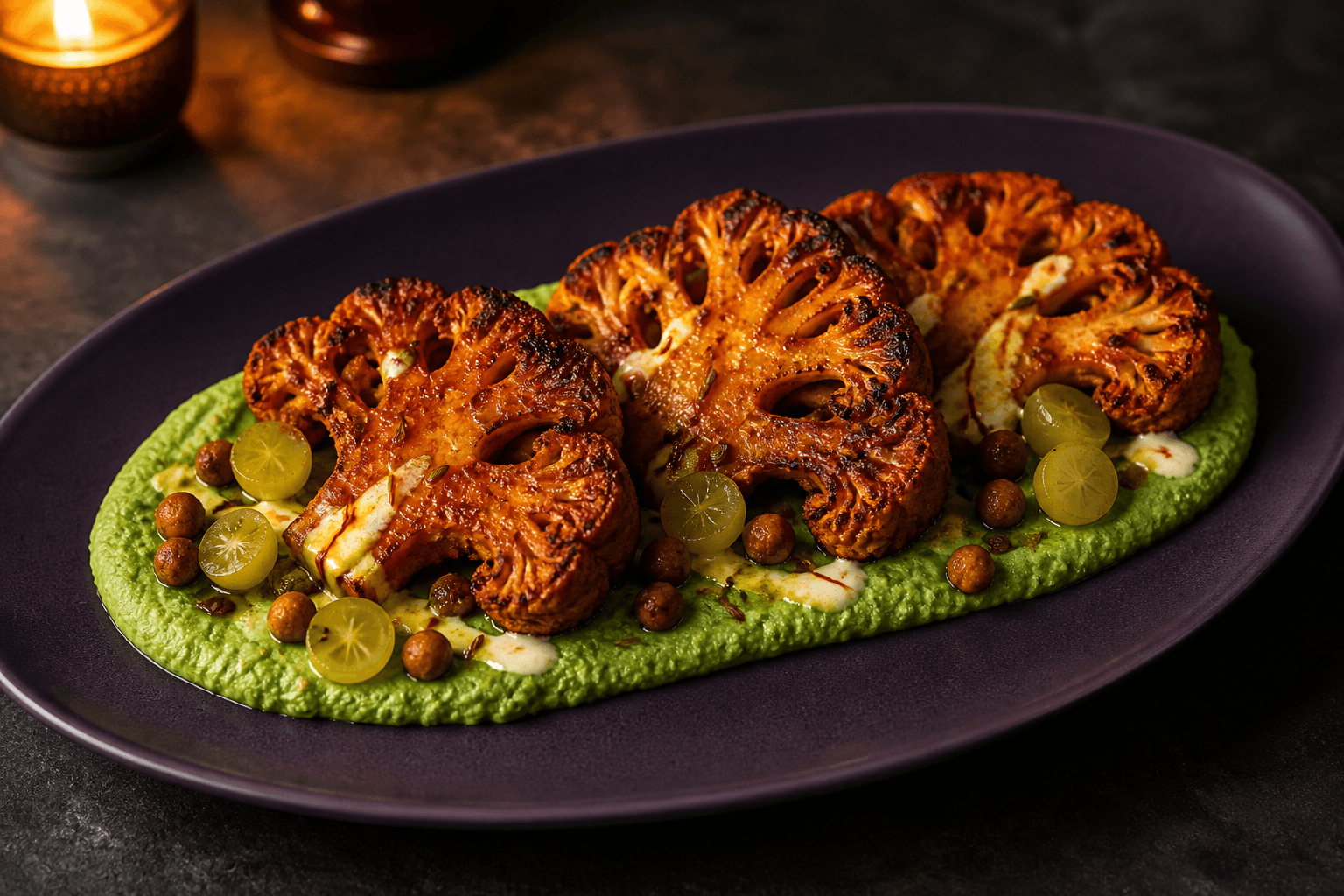 Tre tandoori-blomkålssteaks med forkullede kanter på grøn mynte-ærtepuré med limesyltede druer, sprøde kikærter og safranyoghurt